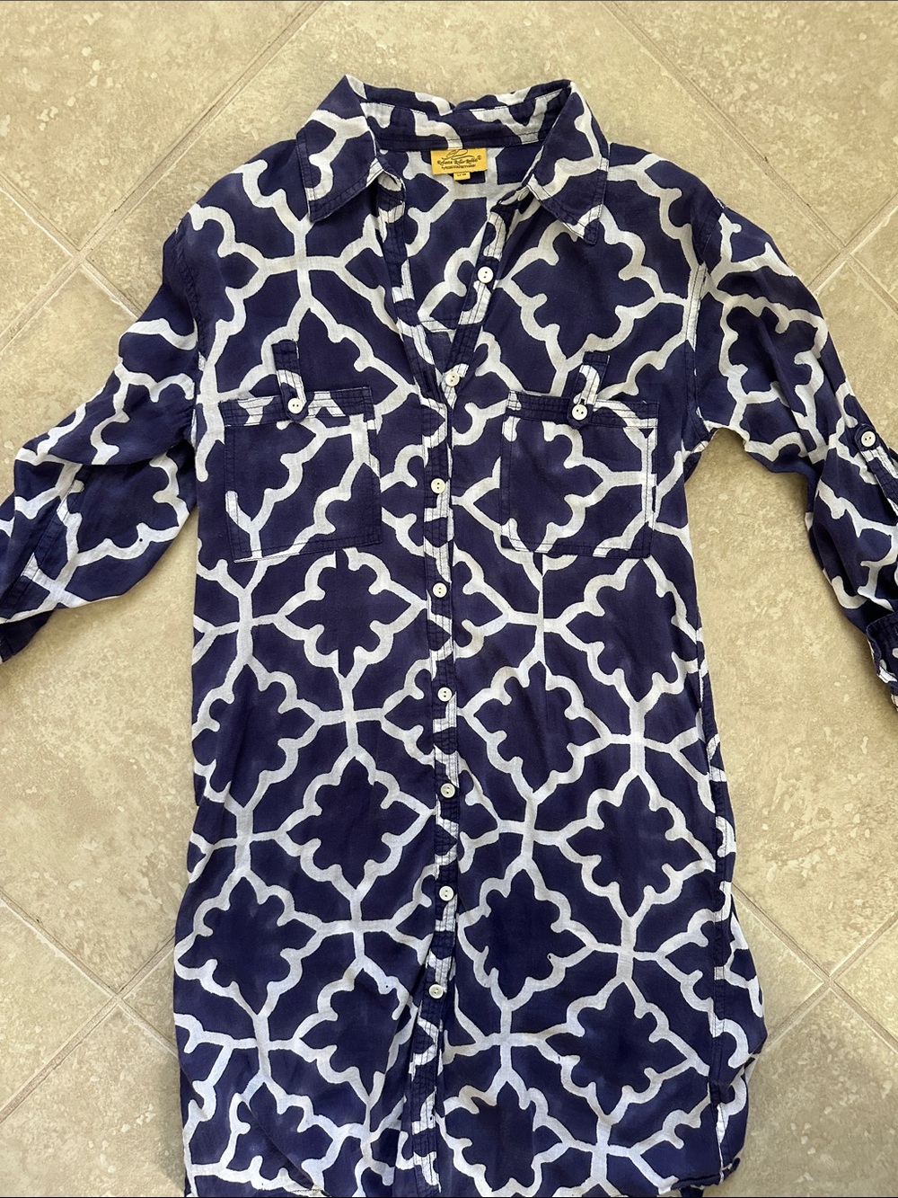 Roberta Roller Rabbit Button-Down Women’s Shirt Dress in Navy Geometric Print